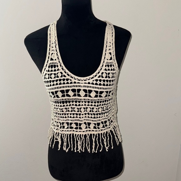 Denim & Supply Ralph Lauren Fringe crochet cropped ivory top Sz S/P - Picture 3 of 8